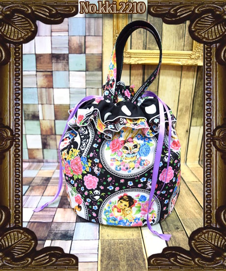 kki.2210　レトロチャイナきんちゃくBAG。＜くろ＞