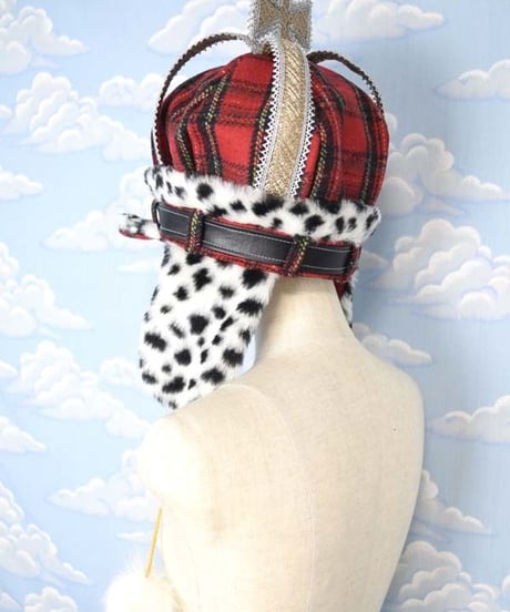 kki.2045　タータンチェッククラウンパイロットCAP。＜レッド＞