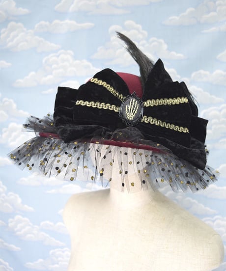 kki.2106　水玉チュールとボーンハンドのおリボンHAT。＜ワインレッド＞