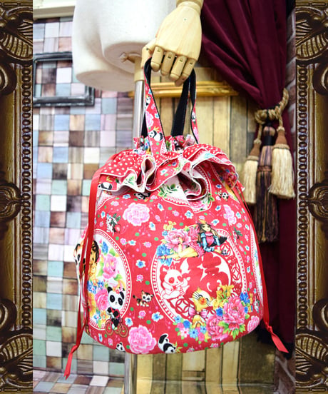 kki.2209　レトロチャイナきんちゃくBAG。＜アカ＞
