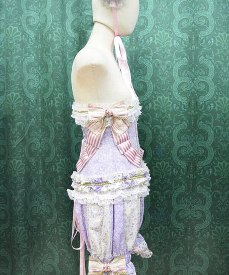 kki.2491　小花柄。ラベンダーとピンクのリボンウエストコルセット/ドロワーズ、カクテルSet。