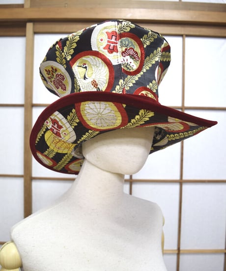 kki.2571　【KIMONO Custom】鶴の帯生地グラモフォンシルクハット。