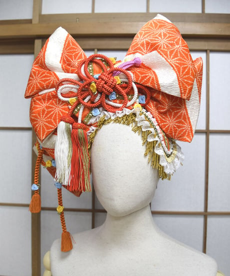 kki.2568　【KIMONO Custom】オレンジのちりめん帯おリボンカチューシャヘッドドレス。