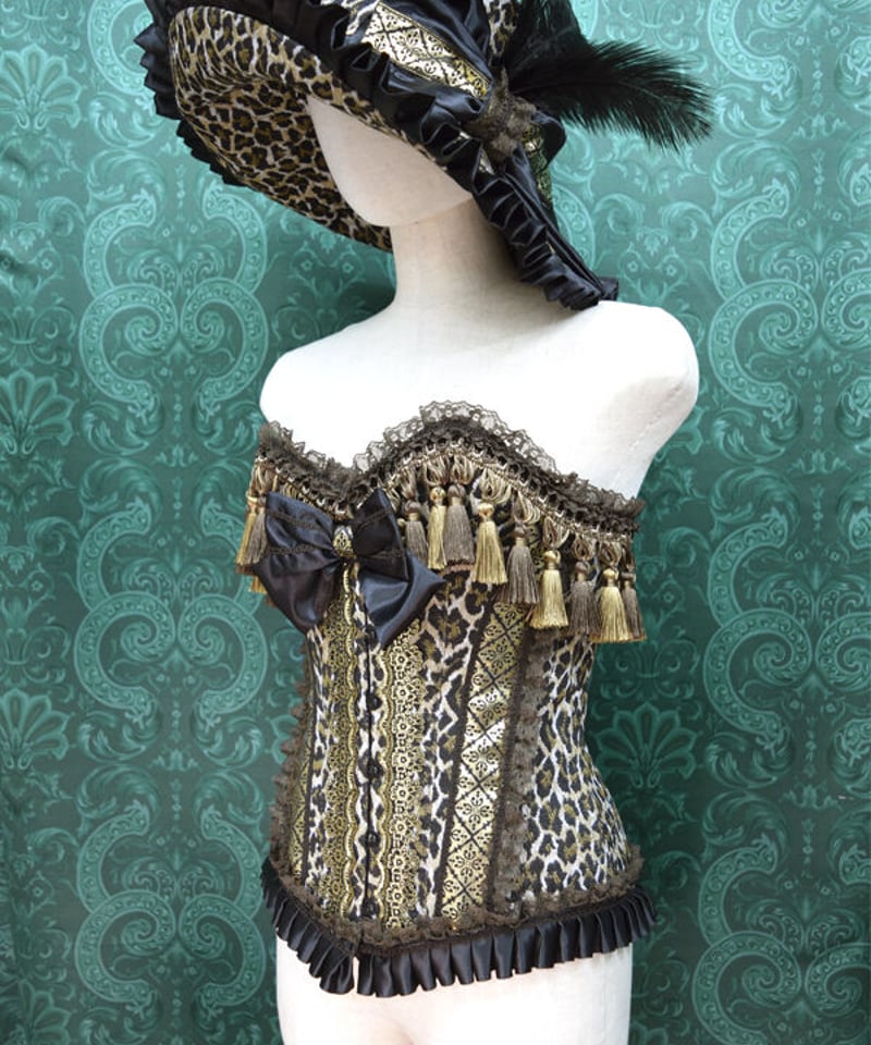 kki.2526 レオパードゴブランのタッセルコルセット/リボンキャペリン  