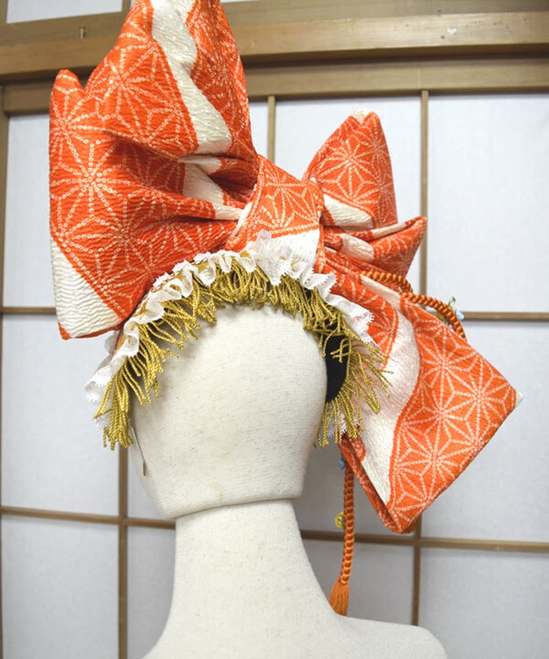 kki.2568 【KIMONO Custom】オレンジのちりめん帯おリボンカチューシャ