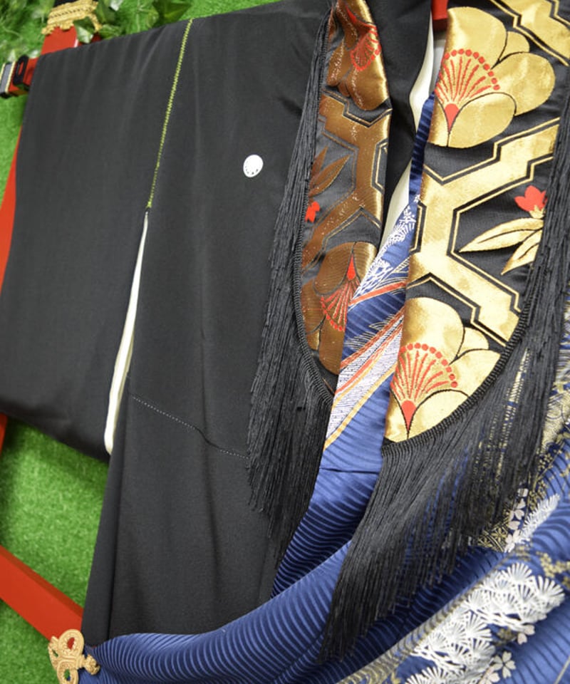 ki-J.0003 ヴィンテージブルーアシンメトリ振袖、バッスル