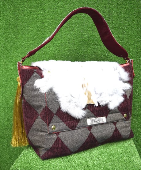 kki.2237　ヴィンテージジャガードラビットファーBAG。＜ワインレッド＞