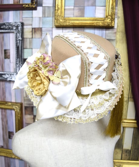 kki.2187　編み上げと薔薇のアンティークデコレーションHAT。