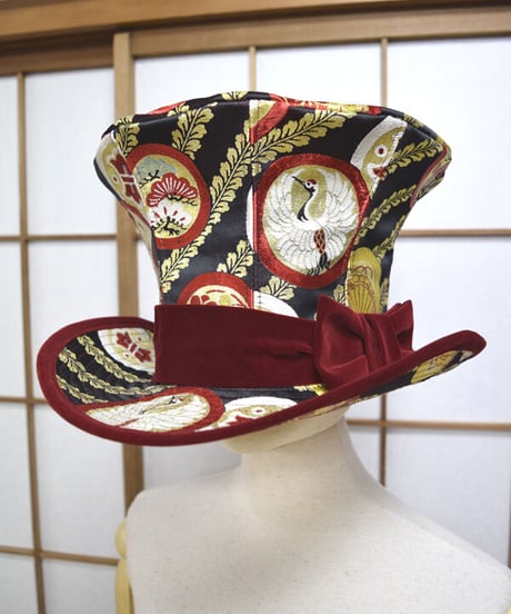 kki.2571　【KIMONO Custom】鶴の帯生地グラモフォンシルクハット。