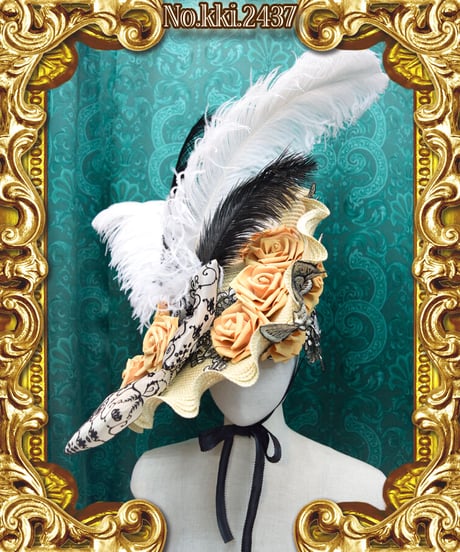 kki.2437　オーストリッチと薔薇のラウンドフリルストロードレスHAT。