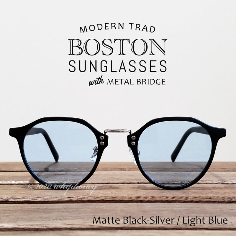 送料無料 トラッドボストン眼鏡 マットブラックフレーム ライトブルー