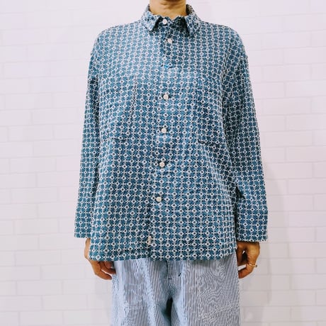 IFSH020-251　インディゴレース　シャツ  　サックス×白