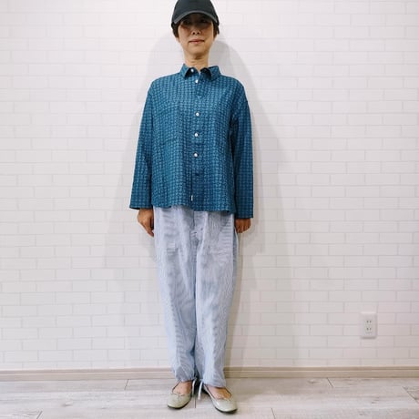 IFSH020-251　インディゴレース　シャツ  　ブルー×ネイビー