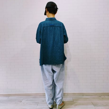 IFSH020-251　インディゴレース　シャツ  　ブルー×ネイビー