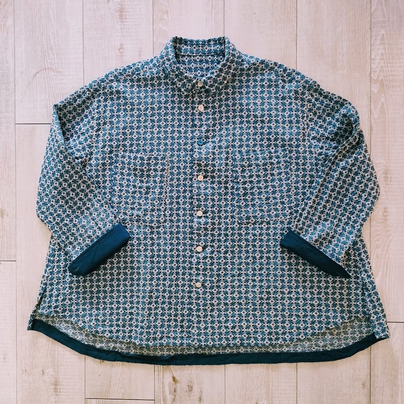 IFSH020-251 インディゴレース シャツ サックス×白 | シロヤイチガン
