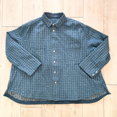 IFSH020-251　インディゴレース　シャツ  　ブルー×ネイビー
