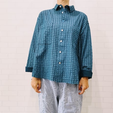 IFSH020-251　インディゴレース　シャツ  　ブルー×ネイビー