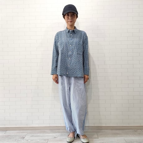 IFSH020-251　インディゴレース　シャツ  　サックス×白