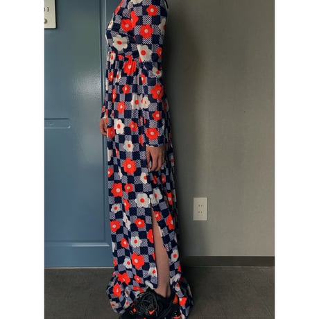 60-70s vintage / block check × flower print dress