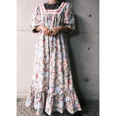 70s~80s square neck flower dress