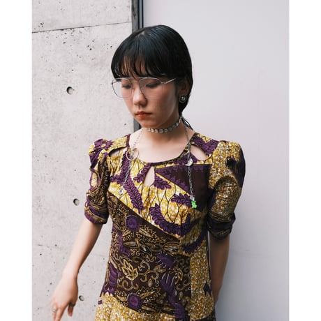 African batik purple×mustard dress with animals