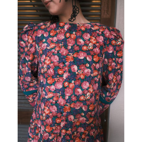 puff sleeve flower print corduroy dress