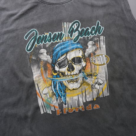 skull print no sleeve tee / black