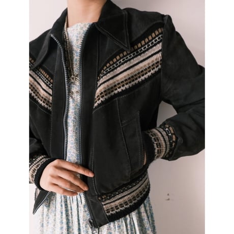 leather × knit jacket / charcoal gray