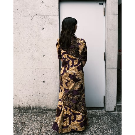 African batik purple×mustard dress with animals