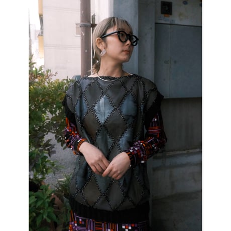 leather × crochet patchwork vest