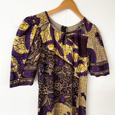 African batik purple×mustard dress with animals