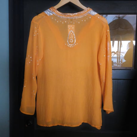 see-through embroidery blouse/orange