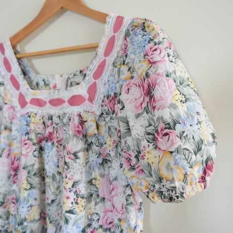 70s~80s square neck flower dress