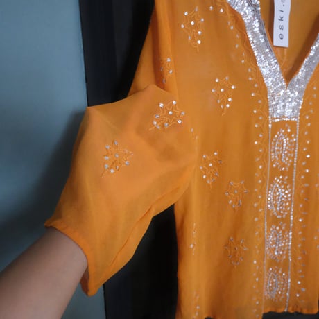 see-through embroidery blouse/orange