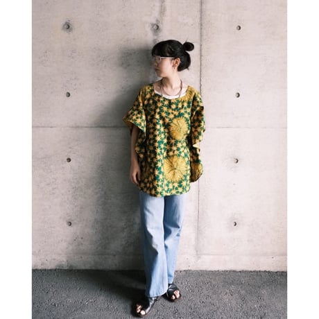 ethnic poncho tops “green×yellow”