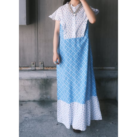 70s flower× check pattern cotton dress