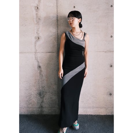 one shoulder dress black×gray with lamé