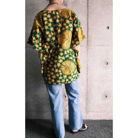 ethnic poncho tops “green×yellow”