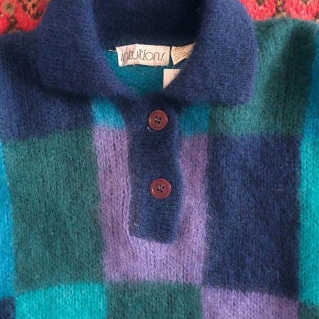 block check mohair collared knit