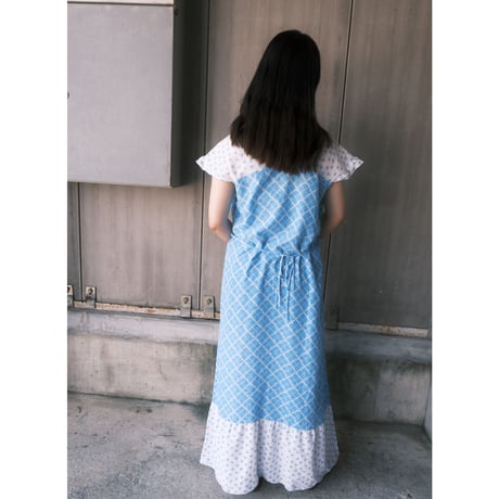 70s flower× check pattern cotton dress