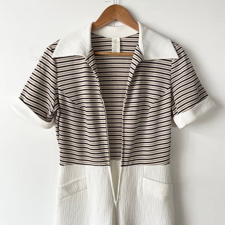 〜70s border wide spread collar jumpsuit