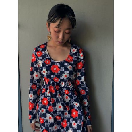 60-70s vintage / block check × flower print dress