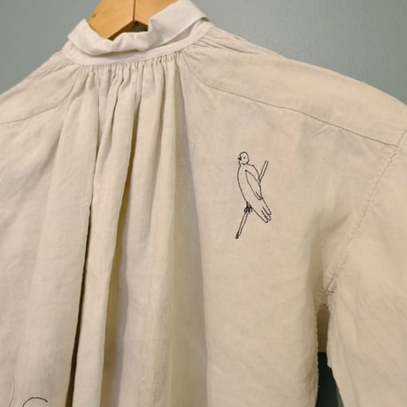 eski × 画楽 / hand paint "birds" antique smock