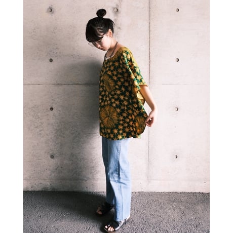 ethnic poncho tops “green×yellow”
