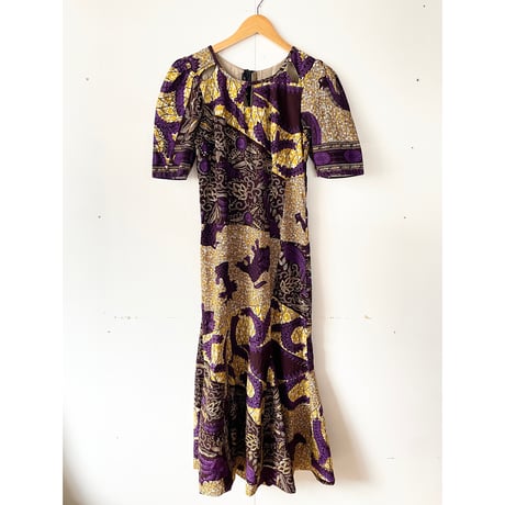 African batik purple×mustard dress with animals