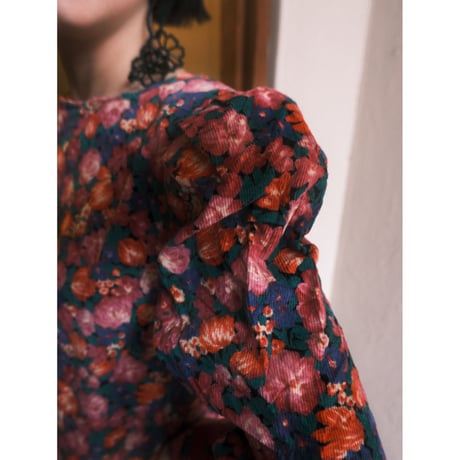 puff sleeve flower print corduroy dress
