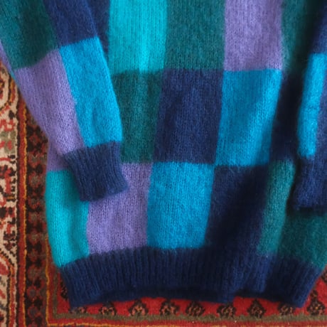 block check mohair collared knit