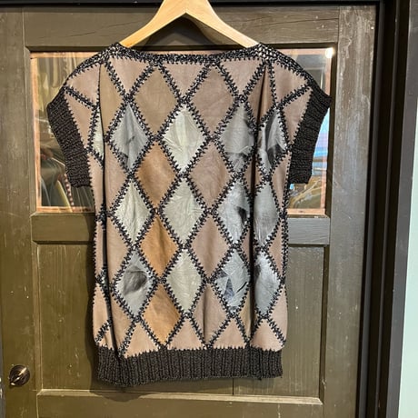 leather × crochet patchwork vest