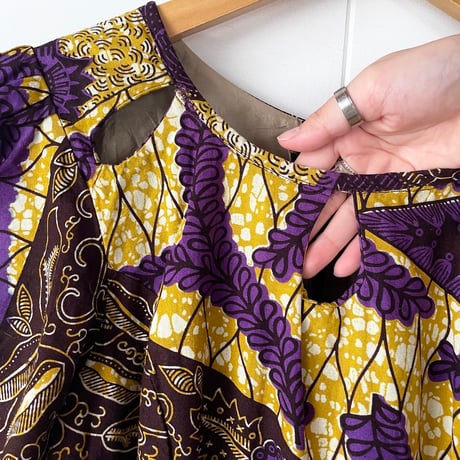 African batik purple×mustard dress with animals