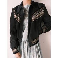 leather × knit jacket / charcoal gray